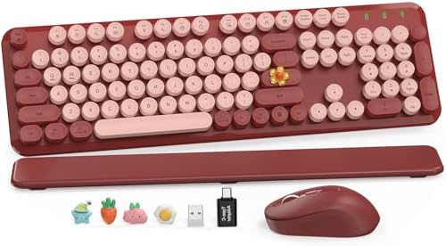 Wireless Keyboard and Mouse Combo, Wine Red Retro Typewriter Style Keyboard with Round Keycaps and Magnetic Wrist Rest, 2.4GHz Wireless for Mac, Windows PC, Laptop, Home Office, School, SABLUTE CK23