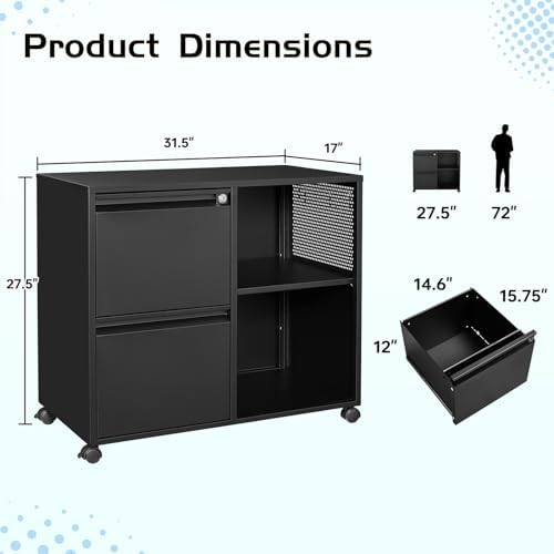 MIIIKO 2 Drawer File Cabinet with Lock, Metal Lateral Rolling Printer Stand Filing Cabinets with Drawers for Home Office,A4, Letter Size File Folders(Black)