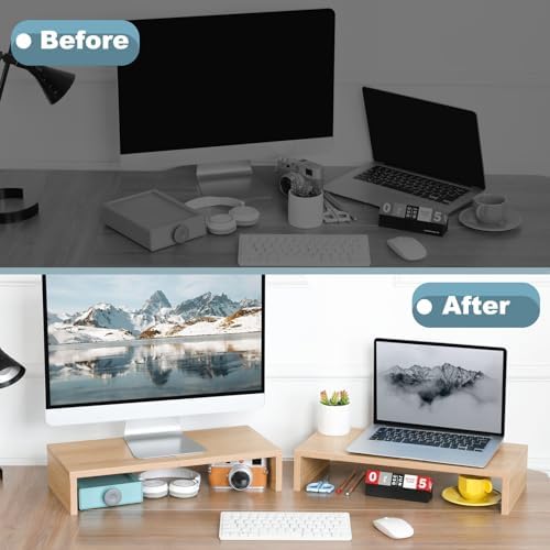 TEAMIX 2-Pack Monitor Stand Riser 20 inch, Wood Desk Computer Shelf, Maple