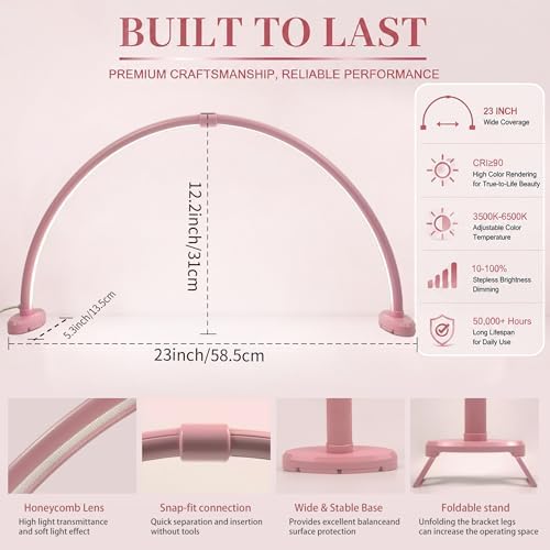 Half Moon Nail Desk Lamp, 23” Foldable Nail Tech Light, 10-Level Dimming & 3 Color Temperatures, Pink Arch Light for Manicure, Eyelash, Tattoo & Skin Care