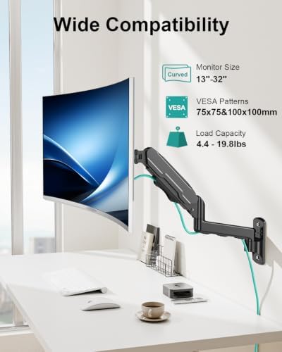 MOUNT PRO Single Monitor Wall Mount for 13 to 32 Inch Computer Screens, Height Adjustable Wall Mount Monitor Arm Holds Up to 19.8lbs, Full Motion Wall Bracket, VESA Mount 75x75, 100x100, Black