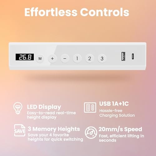 HUANUO Glass Standing Desk with Drawers, 40 X 24 Inch Electric Adjustable Height Desk, Quick Install One-Piece Tabletop with USB Charging Ports, White