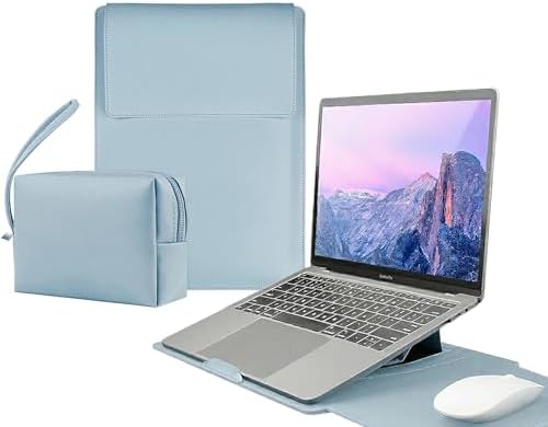 4-in-1 Laptop Sleeve with Stand and Mouse Pad, Faux Leather Protective Case with Accessory Pouch for 13.3-14 Inch Laptops (Sky Blue)