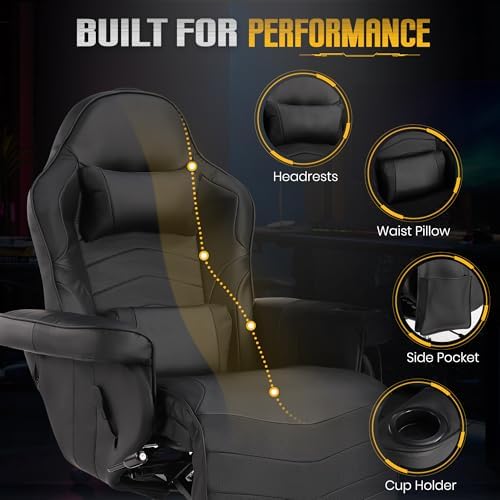 Massage Gaming Recliner Chair with Cup Holder & Side Pockets – Ergonomic PU Leather Video Gaming Chair with Footrest, Manual Recline, Headrest & Lumbar Support for Office or Game Room (Black)