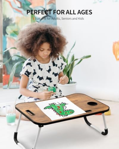 FISYOD Foldable Laptop Table, Portable Lap Desk Bed Table Tray, Laptop Stand with Cup Holder & Tablet Slot & Lifting Handle for Working Writing Drawing & Eating (Rustic Brown)