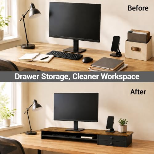 Dual Monitor Stand, 42.5 Inch Wood Monitor Riser with Drawers, 2 Tier Desktop Organizer for Computer Laptop TV, Large Screen Stand for Home Office Desk
