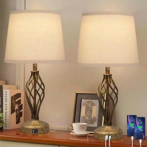 Ruiever Touch Table Lamps Set of 2, nightstand lamp with USB Ports Bedside 3 Way Touch dimmer Desk lamp for Living Room Bedroom,Antique Gold Spiral cage Base Design Warm White dimmer Bulbs Included.