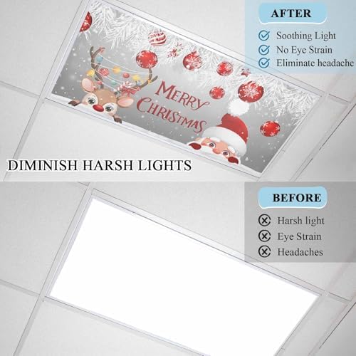 Santa Claus Magnetic Fluorescent Light Covers for Ceiling Lights 2 x 4 Feet,Red Grey Christmas Elk Ball Pine Silver Office Classroom Kitchen Drop Ceiling Light Covers Filters Shade Panel 2 Packs