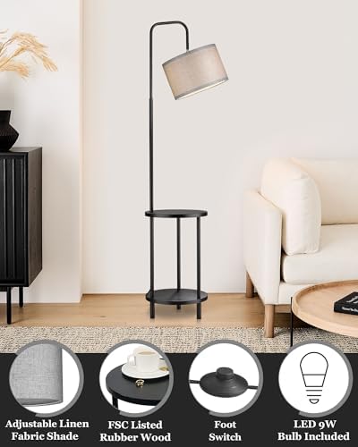 ELYONA Modern Floor Lamp for Living Room, Solid Wood Side Table Lamp with Grey Fabric Drum Shade, 3-Color Temperatures End Table Standing Light for Bedroom, Living Room, LED Bulb Included, Matte Black
