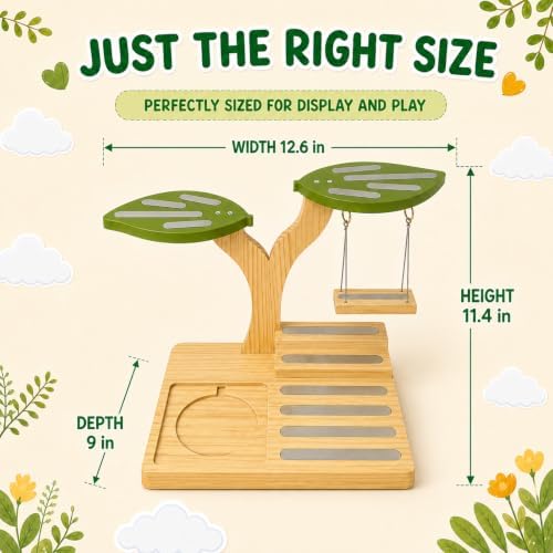 Tree Display Shelf Compatible with Toniebox, Wooden Figurine Organizer with Player Charging Dock, 20+ Capacity, Silver Chain Swing, Desk Storage