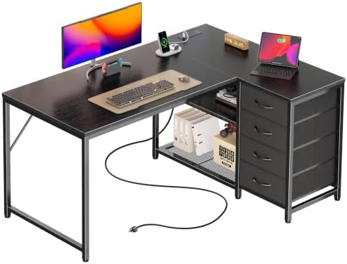 PRAISUN 43.3" Small L Shaped Desk with Power Outlets & 4 Drawers