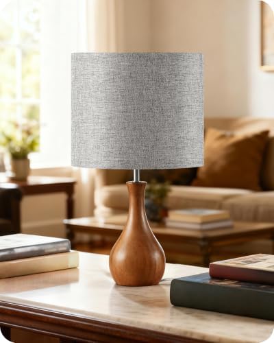 Gray Table Lamp, 14.2" Small Bedside Lamp, Compact Desk Lamp with Gray Linen Lampshade & Dark Walnut Base, Modern Nightstand Lamp for Bedroom, Kid's Room, Office, E26 Socket, LH09TL05