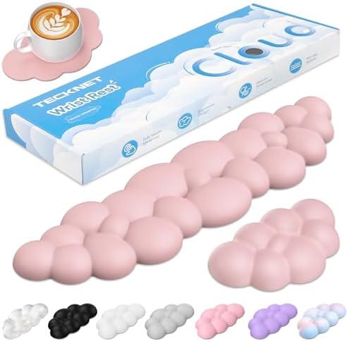 TECKNET Cloud Keyboard Wrist Rest Set, Cloud Wrist Rest with Non-Slip Base, PU Leather Wrist Pad for Keyboard with Ergonomic Memory Foam for Computer Laptop Office Gaming and Pain Relief, Light Pink