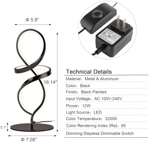 Modern Small Table Lamp with LED Spiral Design, 12W Black Nightstand Lamp