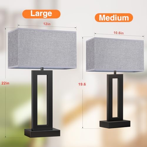 Seealle 22" Tall Living Room Lamps for Night Stands - Touch Bedside Lamp with USB C+A, 3 Way Dimmable Bedroom Lamps for End Tables Set of 2, Modern Night Stand Lamps for Bed Side(Grey&Black)