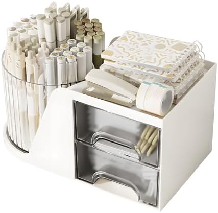 360 Degree Rotating Pencil Pen Holder for Desk , Cute Desk Pen Organizers Desktop Storage Stationery Supplies Cup Pot for Office School Home Art Supply Accessories Caddy Makeup Brush Holder White