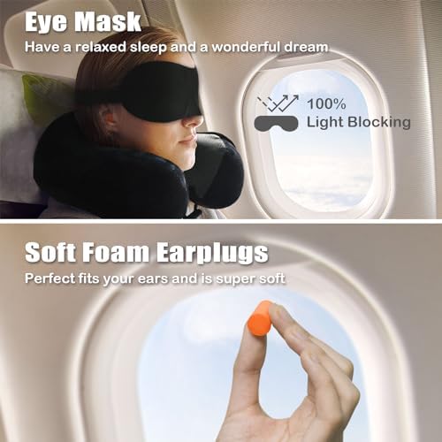 Travel Pillow, Memory Foam Neck Pillow for Traveling, U Shape Neck Pillow Airplane Portable Flight Pillow Travel Kit with 5D Contoured Eye Masks and Earplug for Plane Train Car Home Office