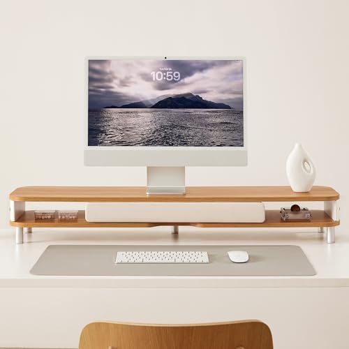 Fenge Dual Monitor Stand with Large Storage Drawer, 42.5" Desk Shelf, Oak
