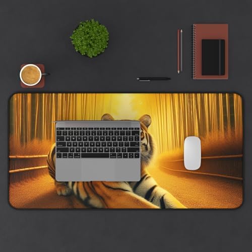Tiger Stretching in a Golden Bamboo Grove - Premium Vibrant Colors Desk Mat