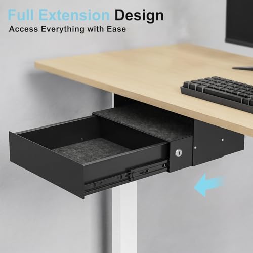 Under Desk Drawer with Lock, 13.8 Inch Slide-Out Metal Storage Drawer,Black