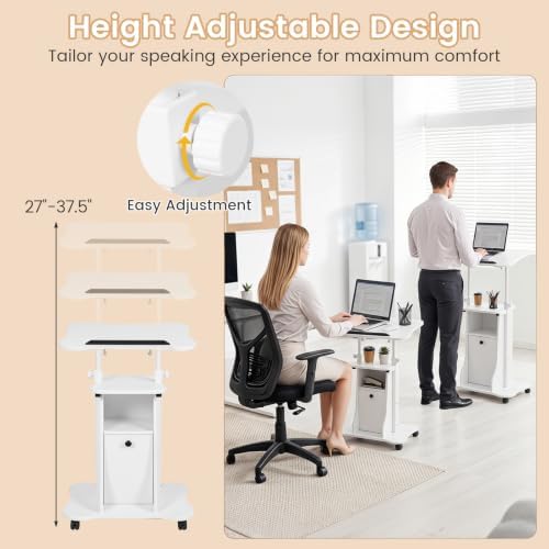 Giantex Mobile Podium Stand, Sit-to-Stand Laptop Cart with Tilting Tabletop & Storage Cabinet, Lockable Casters, Height-Adjustable Rolling Lectern for Classroom, Church, Home Office (White)