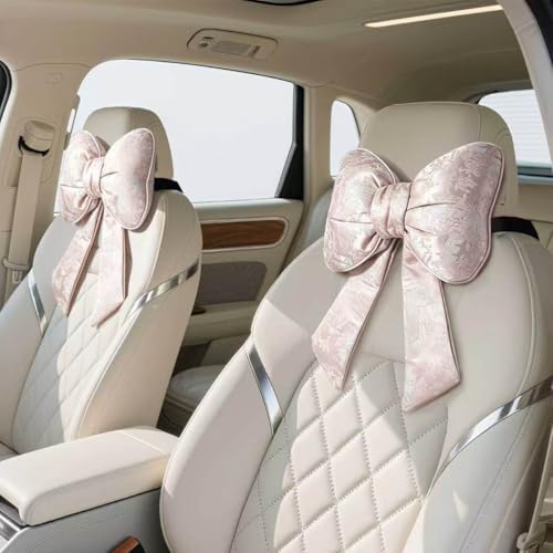 2 Pack Bow Car Headrest Pillow Comfortable Soft Plush Head Rest Cushion, Neck Pillow for Driving Office Use and Car Interior Decoration (Pink SJK)