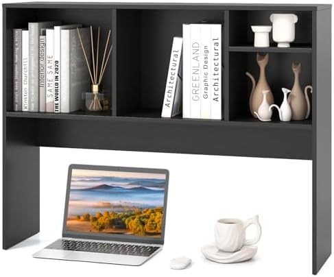 Tangkula Desktop Bookshelf, Countertop Storage Hutch with 4 Shelves for Computer Desk, Desktop 2-Tier Display Rack, Multipurpose Wood Desk Hutch Storage Organizer for Dorm Office Home (Black)
