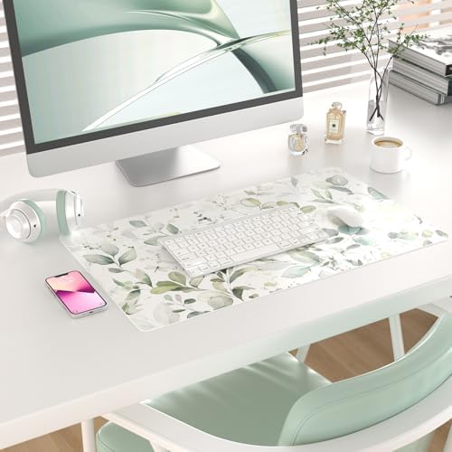 QIYI PU Leather Large Mouse Pad, Waterproof Desk Mat, 23.6" x 13.8", Leaves
