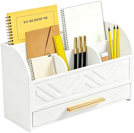 Charmewooden White Desktop Organizer with Drawer Storage, White Desk Organizer Mail Holder Mail Organizer Countertop Pen Holder Letter Sorter Make up Organizer for School Home Office Supplies