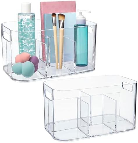 STORi Bliss 5-Compartment Plastic Cosmetics Storage Organizer, Set of 2 | Clear | Rectangular Divided Makeup Bin & Vanity Caddy with Pass-Through Handles | Round Corner Design | Made in USA