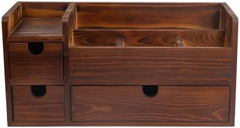 Rustic Brown Wooden Desktop Organizer Drawers Removable Office Supplies Torched Wood Storage Cabinet Caddy Box Stationery Pencil Slots Mail Holder Notes Accessories Home Makeup Tools Cosmetics