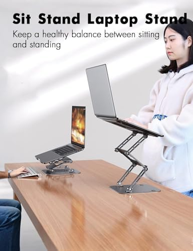 Adjustable Laptop Stand with 360°,3-Tier Ergonimic Foldable Sitting/Standing Laptop Riser for Desk Compatible Rotating Base