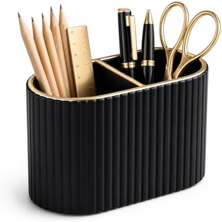 KINGFOM PU Leather Desk Organizer Pen Holder – Dual-Compartment Stylish Pencil Cup Remote Control Holder Desktop Supplies and Accessories Organizer Caddy for Office Home School (Black)