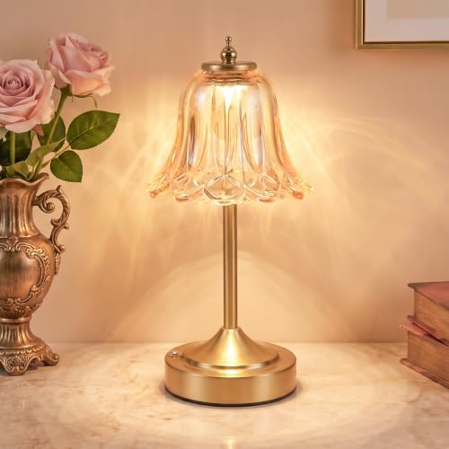 Cordless Table Lamp, Rechargeable Amber Glass Tulip Flower Touch Lamp