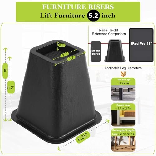 8 Pack Furniture Risers 6 Inch, Bed Risers Heavy Duty for Table Desk Couch Chair Sofa Cabinet Bed Frame Dorm, Square Table Leg Risers Lift Height 6", Black