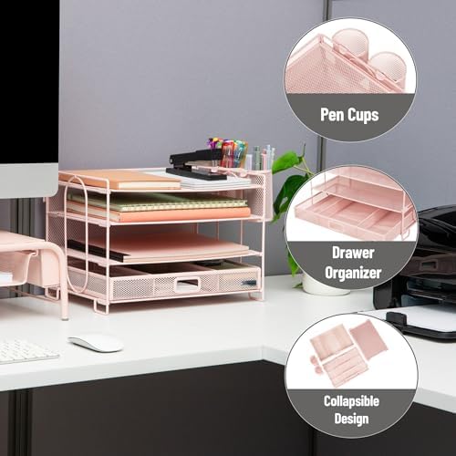 Mind Reader Mesh Desk Organizer, 3 Trays, 1 Drawer, 2 Pen Holders, Office Desktop Organizer, Metal Mesh, Pink
