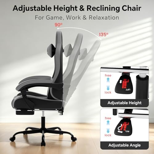 Gaming Chair, Computer Office Chair with Footrest, Adjustable Height & Backrest Gaming Chairs with Swivel for Adults, High Back PU Leather Ergonomic Chair with Lumbar Support, BlackGrey