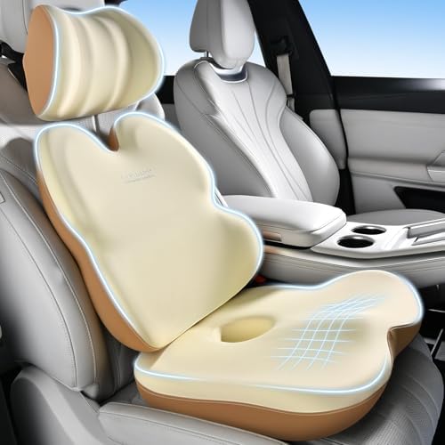 Coverado Truck Seat Cushion and Lumbar Support Headrest Pillow Memory Foam Ergonomic Car Cushion Back Neck Support Pillow Sciatica & Back & Tailbone Pain Relief Car Cushions for Driving Coffee&Beige
