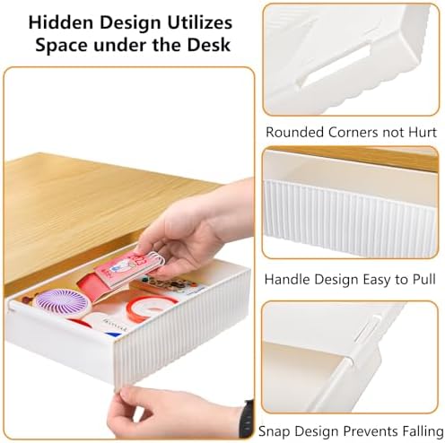 YOUEON 3 Pack Under Desk Drawer Slide Out, Self-Adhesive Under Table Drawer, Hidden Attachable Under Desk Storage Drawers, Stick on Drawers for Office, Home, School, White