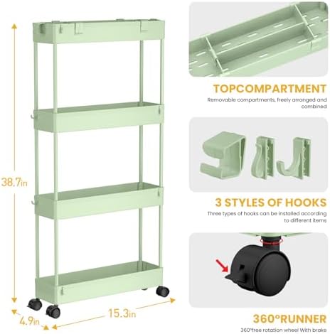 SPACELEAD Slim Storage Cart 4 Tier,Bathroom Organizer Rolling Utility,Mobile Shelving Unit Slide Out for Office, Kitchen, Laundry Room & Narrow Places，Green