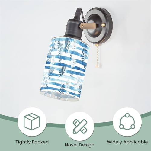 3 Pack Cylinder Glass Lamp Shade Blue stripes seamless pattern palm leaf Covers with 1-5/8" Fitter Opening Light Fixture Replacement for Table Lamp Bathroom Vanity Light