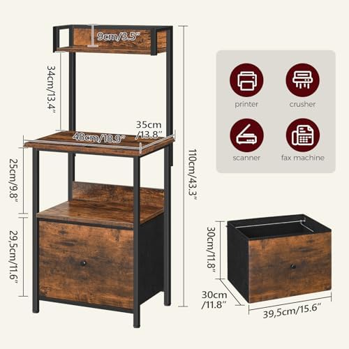 MAHANCRIS Printer Table with Storage, Home Printer Stand with File Cabinet, Fits A4/Letter Size Files, Printer Cabinet with Large Tabletop, Display Shelf, for Home Office, Rustic Brown PTHR3501