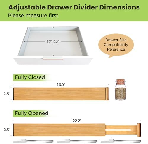 Fyvva Drawer Organizer, Spring-Loaded Expandable Bamboo Dividers 4-Pack