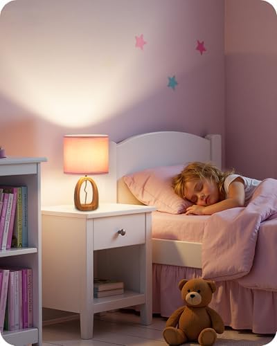 Pink Table Lamp, 14.2" Small Cute Desk Lamp, Wood Bedside Lamp with Pink Linen Lampshade & Natural Wood Base, Modern Nightstand Lamp for Girl's Room, Bedroom, E26 Base, MP07TL05