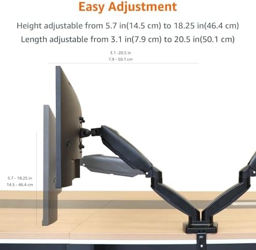 Amazon Basics Gas Spring Dual Monitor Arm Desk Mount, Adjustable Tension, Fits 15–27 Inch Monitors, Supports 4.4–15.4 lbs Each Arm, VESA 75x75/100x100, Black