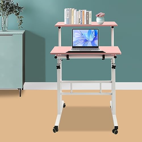 Mobile Stand up Desk, Portable Rolling Desk Laptop Cart, Height Adjustable Table, Small Adjustable Standing Desk with Wheels Home Office Workstation, for Computer Desk, Study Desk (Pink)