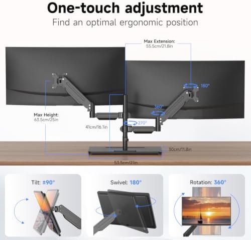 Suptek Freestanding Dual Monitor Stand for 2 Screens up to 35 Inches, Height Adjustable Monitor Arms Hold 24.25 lbs Each, Full Motion Dual Monitor Mount with Large Stable Base, VESA 75/100