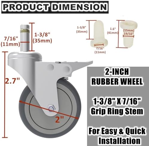 RILIDRI 2-Inch Swivel Stem Caster, 7/16-Inch Stem Diameter Rubber Wheel, Thermoplastic Rubber TPR Replacement Wheels - 4 Pack(2 Brakes 2 Swivel)