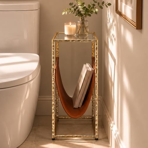 Narrow Side Table with Leather Storage Holder Gold End Table