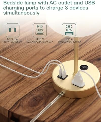 Addtam Bedroom Table Lamp, Bedside Lamp with AC Outlet and USB C Charging Ports(PD 20W), 3-Way Dimmable Lamp with Switch, Lamps with Shade for Night Stands, Living Room, Desk, and Home Office, 6.5Ft